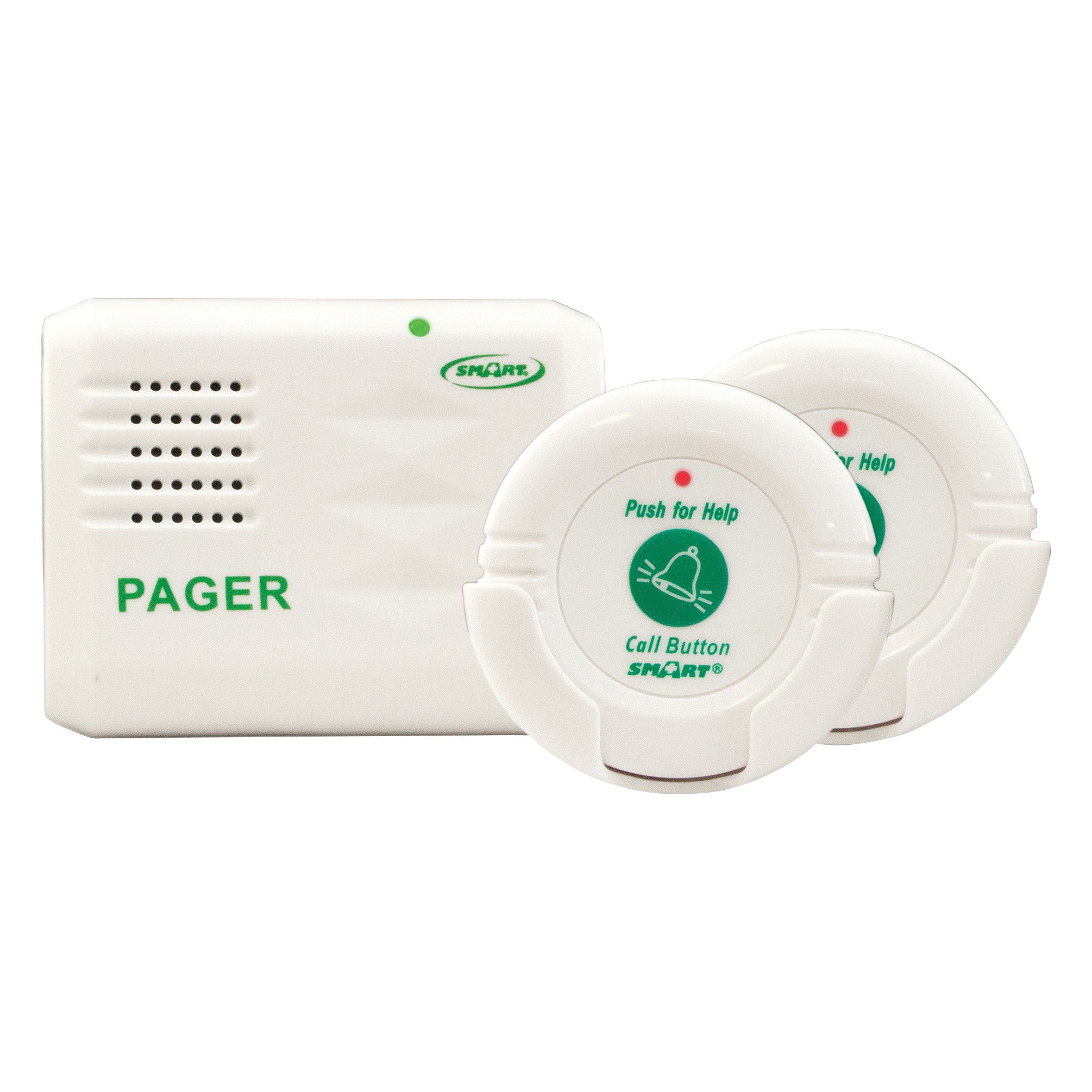 Smart Caregiver Wireless Personal Pager System features a white pager unit and two circular call buttons labeled "Push for Help."