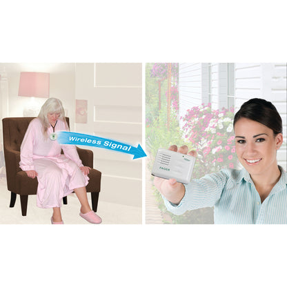 An elderly woman wearing a fall monitor sits in a chair, sending a wireless signal to a woman holding the Smart Caregiver Wireless Personal Pager System.