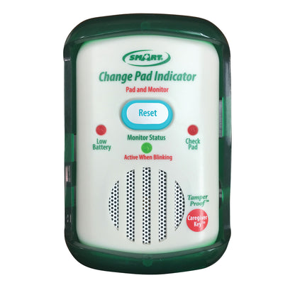 The Smart Caregiver Change Pad Indicator Monitor, with reset button and alert lights for low battery, monitor status, and check pad.
