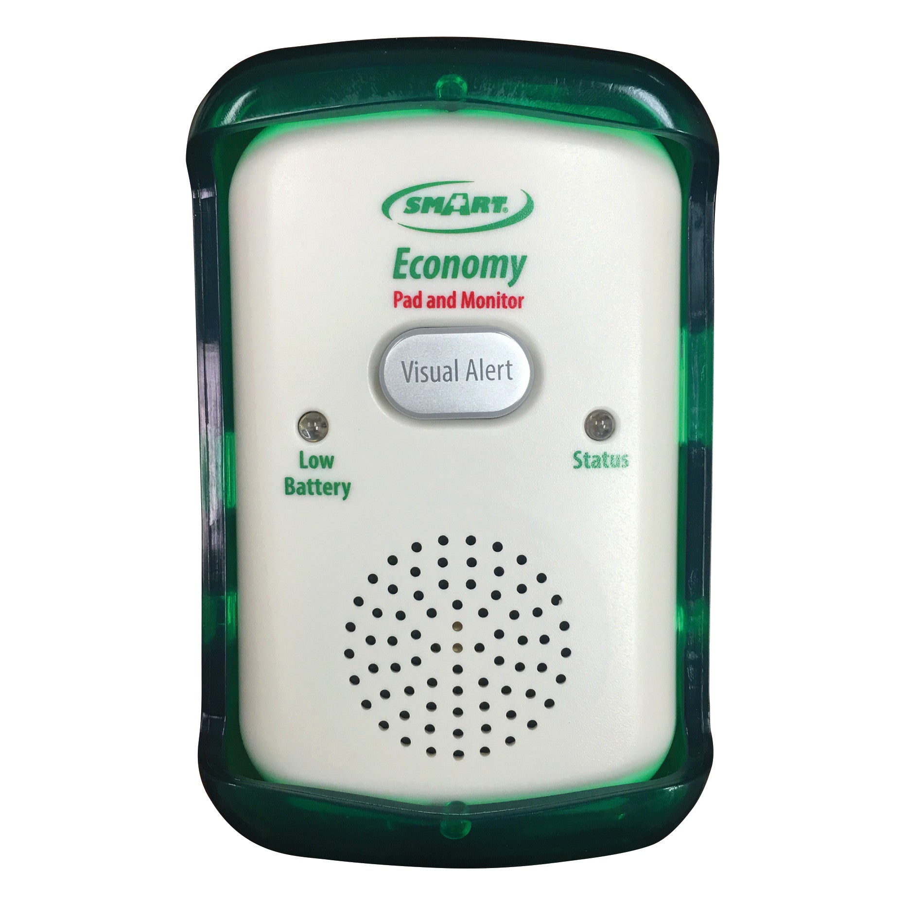 Smart Caregiver Economy Fall-Prevention Monitor with visual alert, low battery, and status indicators; features a speaker grille.