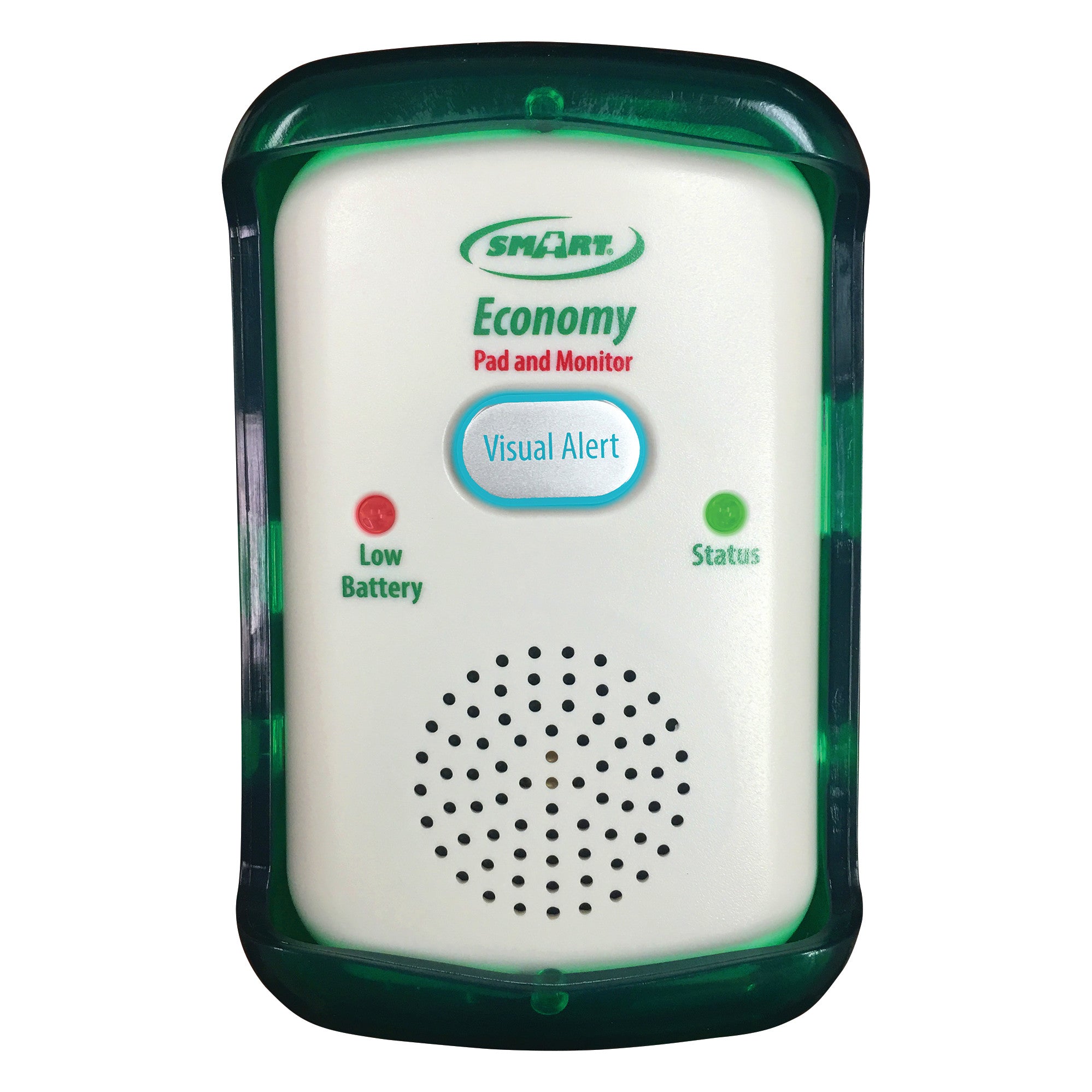 Smart Caregiver Economy Fall-Prevention Monitor with a green frame, visual alert button, low battery, and status indicators.