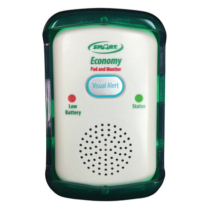 Smart Caregiver Economy Fall-Prevention Monitor with a green frame, visual alert button, low battery, and status indicators.