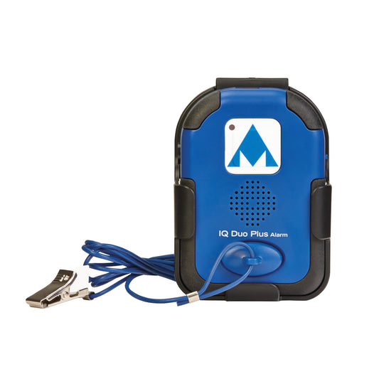 A blue and black AliMed IQ Duo Plus Alarm device with a logo and a cord attached to a clip, used for monitoring purposes.