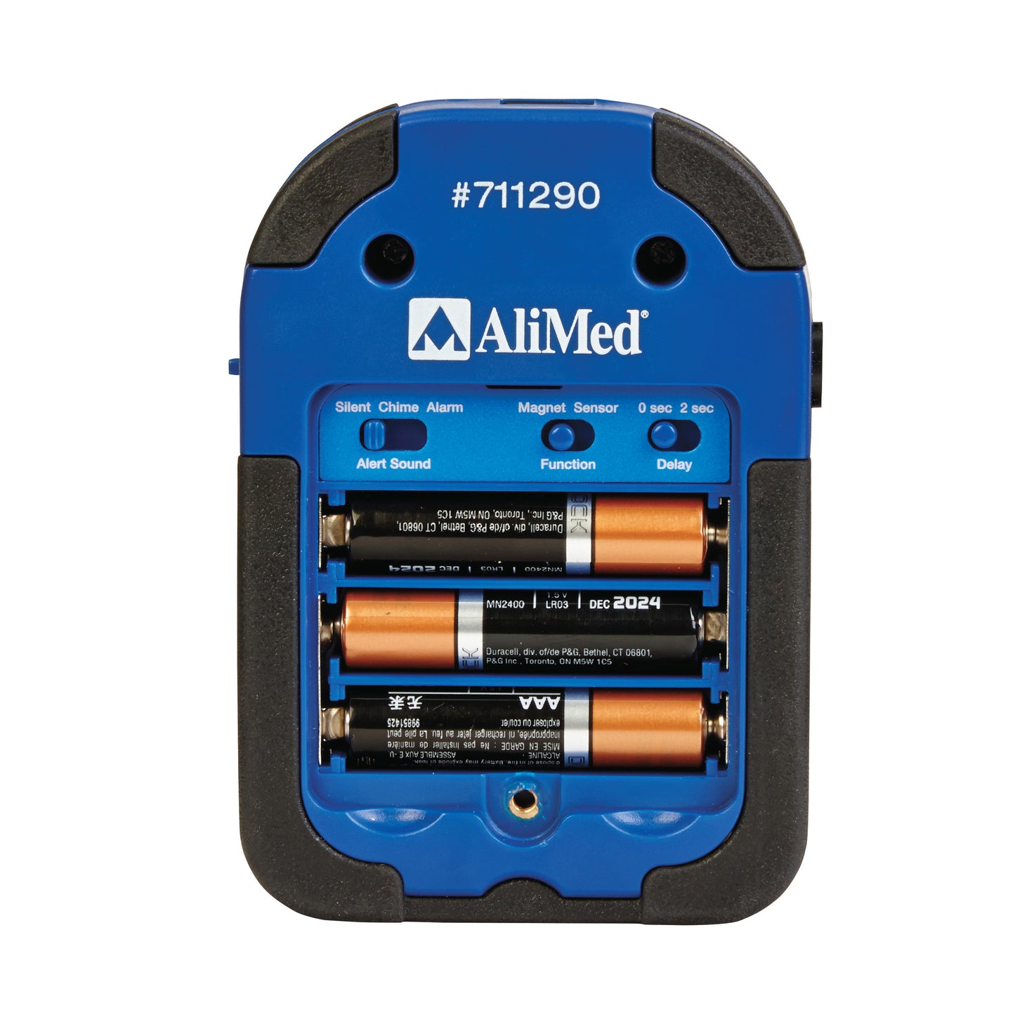 Blue AliMed IQ Duo Plus Alarm with switches for alert sound and delay, showing three AA batteries installed in the compartment.