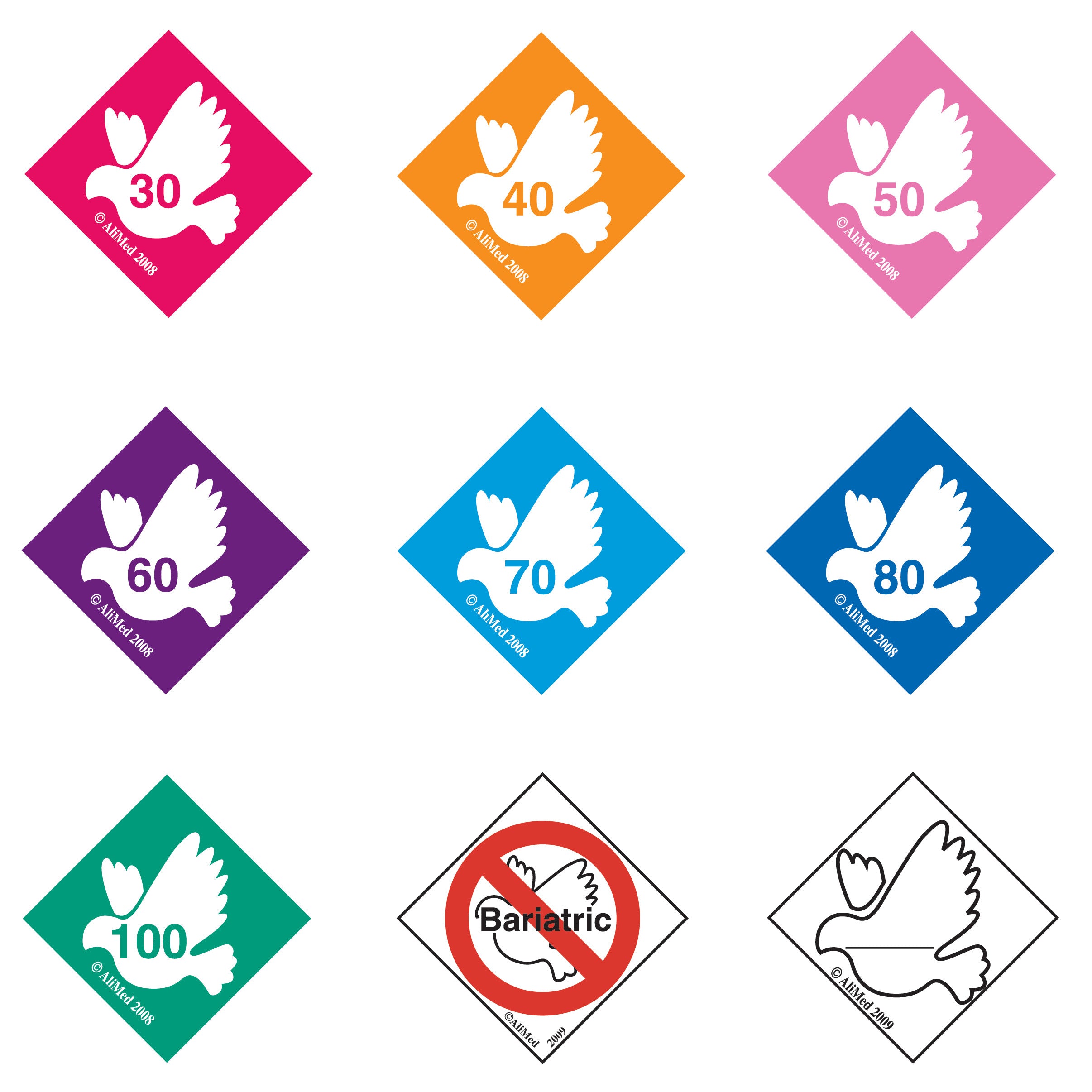 9 color-coded labels for AliMed Standardized Equipment Weight Capacity Label Variety Pack, with bird icons and numbers ranging from 30 to 100.