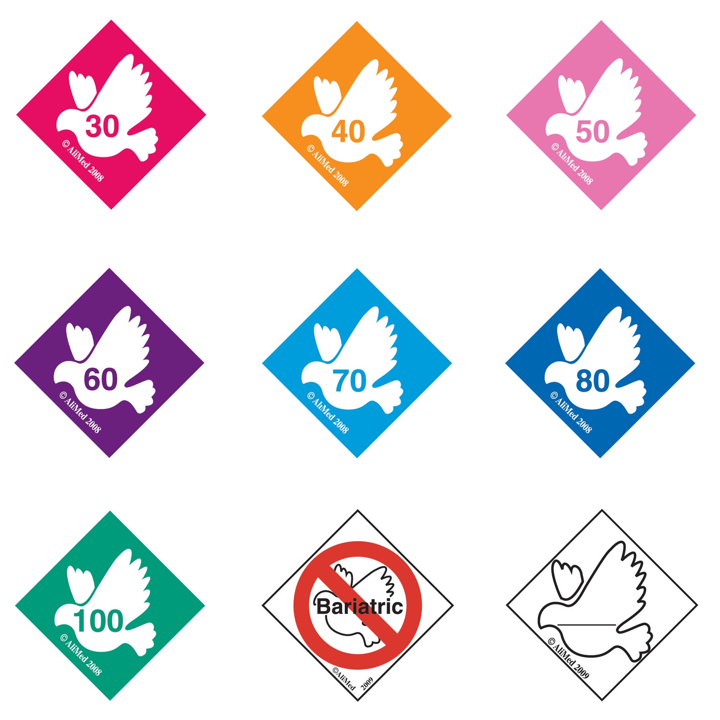 9 color-coded labels for AliMed Standardized Equipment Weight Capacity Label Variety Pack, with bird icons and numbers ranging from 30 to 100.