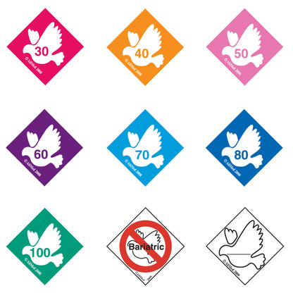 9 color-coded labels for AliMed Standardized Equipment Weight Capacity Label Variety Pack, with bird icons and numbers ranging from 30 to 100.