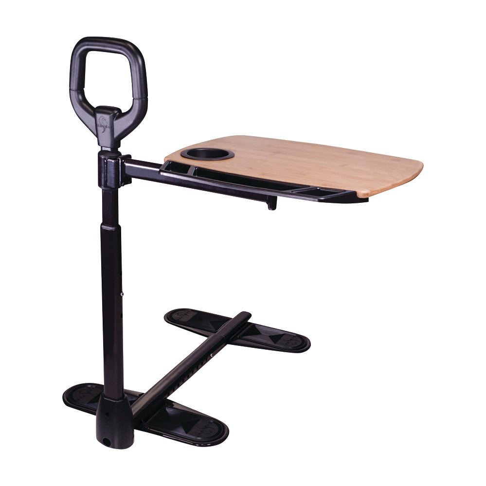 Assist-A-Tray is a sturdy, adjustable mobility aid with a wooden tray and cup holder, supported by a metal stand with a handle.