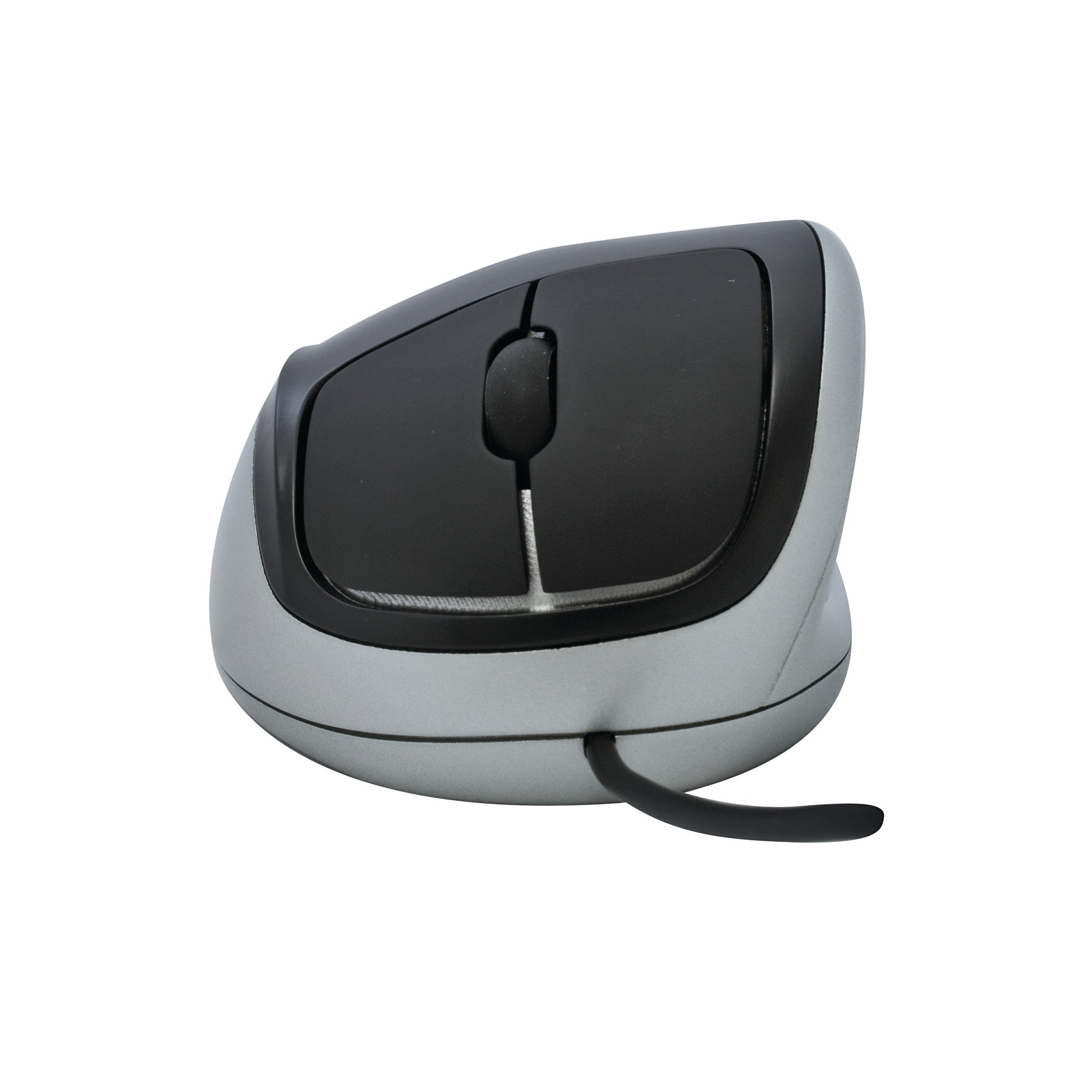 A black and gray ergonomic Goldtouch Comfort Mouse with a vertical design and a visible cable extends from the bottom.