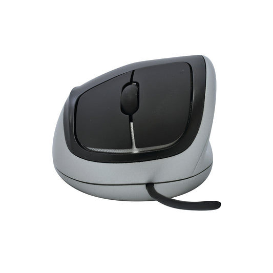 A black and gray ergonomic Goldtouch Comfort Mouse with a vertical design and a visible cable extends from the bottom.