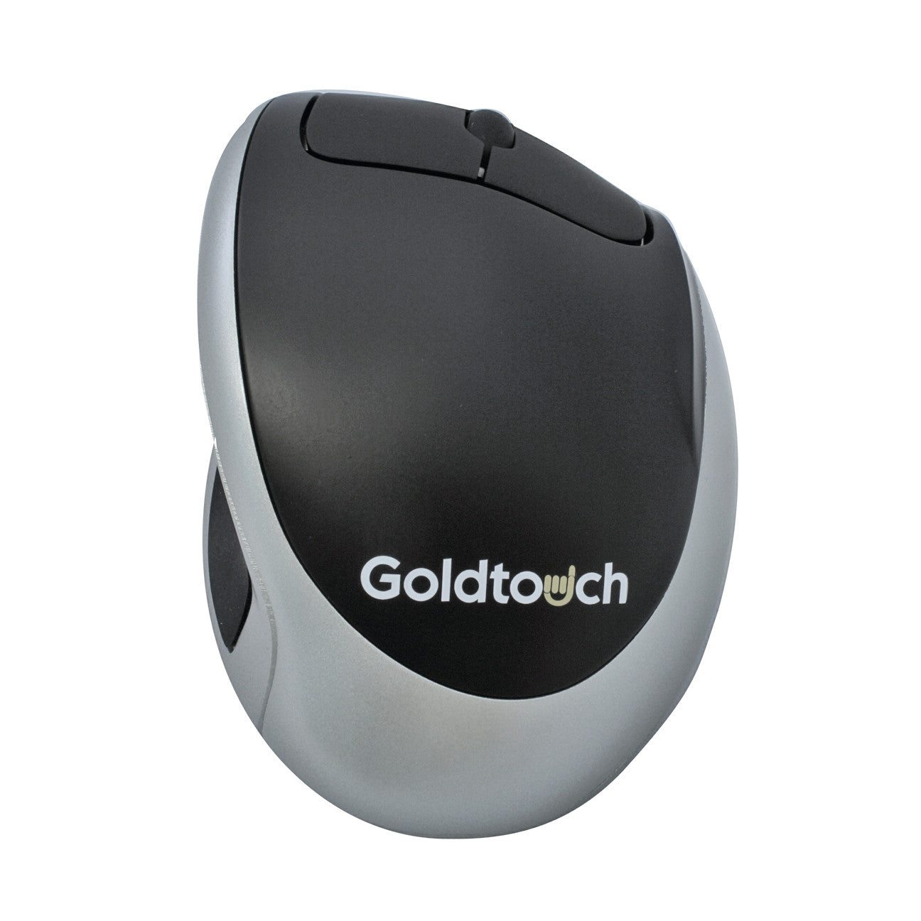 Goldtouch Comfort Mouse in black and gray with an ergonomic design and two buttons on the top.