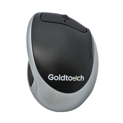 Goldtouch Comfort Mouse in black and gray with an ergonomic design and two buttons on the top.