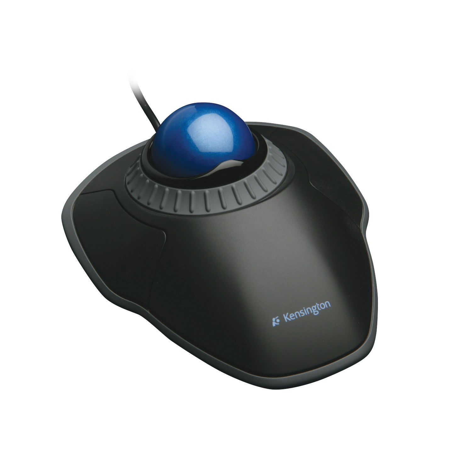 Kensington Orbit Trackball with Scroll Ring, featuring a blue trackball and ergonomic design, connected via a cable.