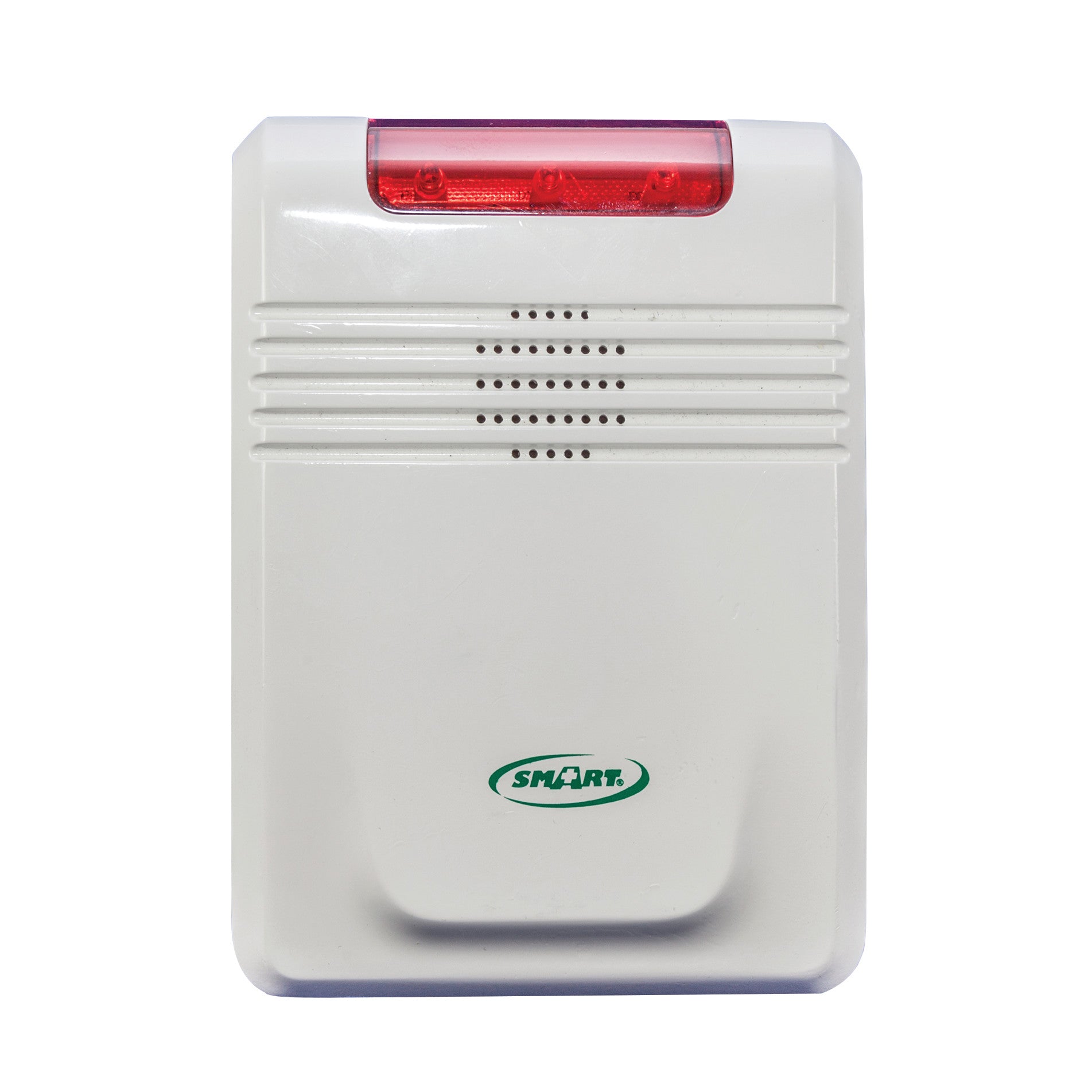 Smart Caregiver Economy Cordless Alarm with a white casing, red LED light on top, and multiple speaker openings in the center.