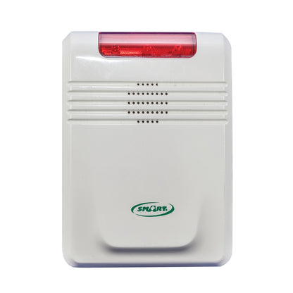 Smart Caregiver Economy Cordless Alarm with a white casing, red LED light on top, and multiple speaker openings in the center.