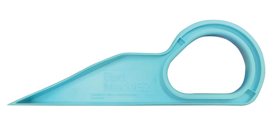 The Bed MadeEZ Mattress Lifter is a blue tool with a wedged end and large handle designed to assist in lifting mattresses.