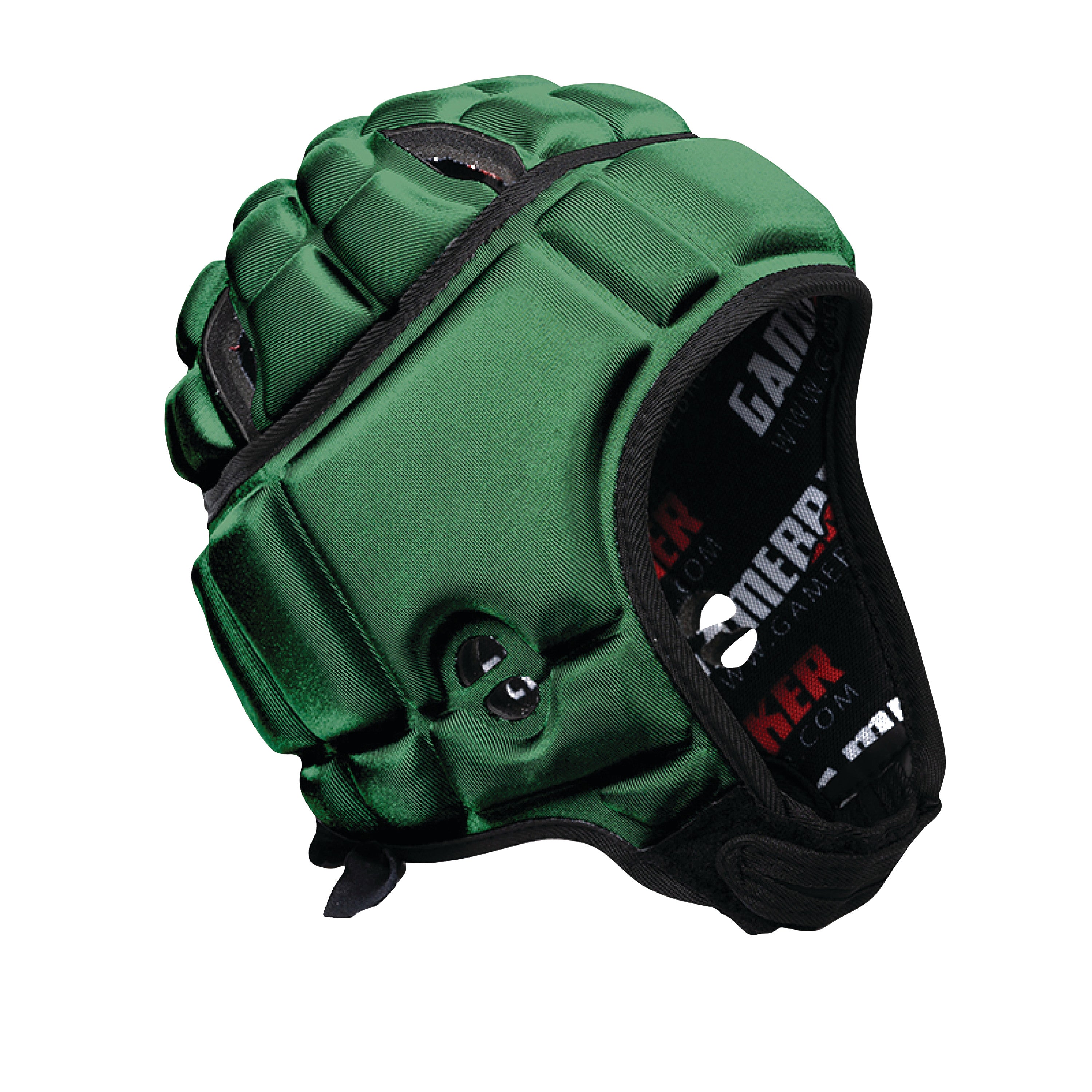 The Gamebreaker Scrum Cap Headgear is green with padded sections and openings for ventilation, featuring an adjustable strap.