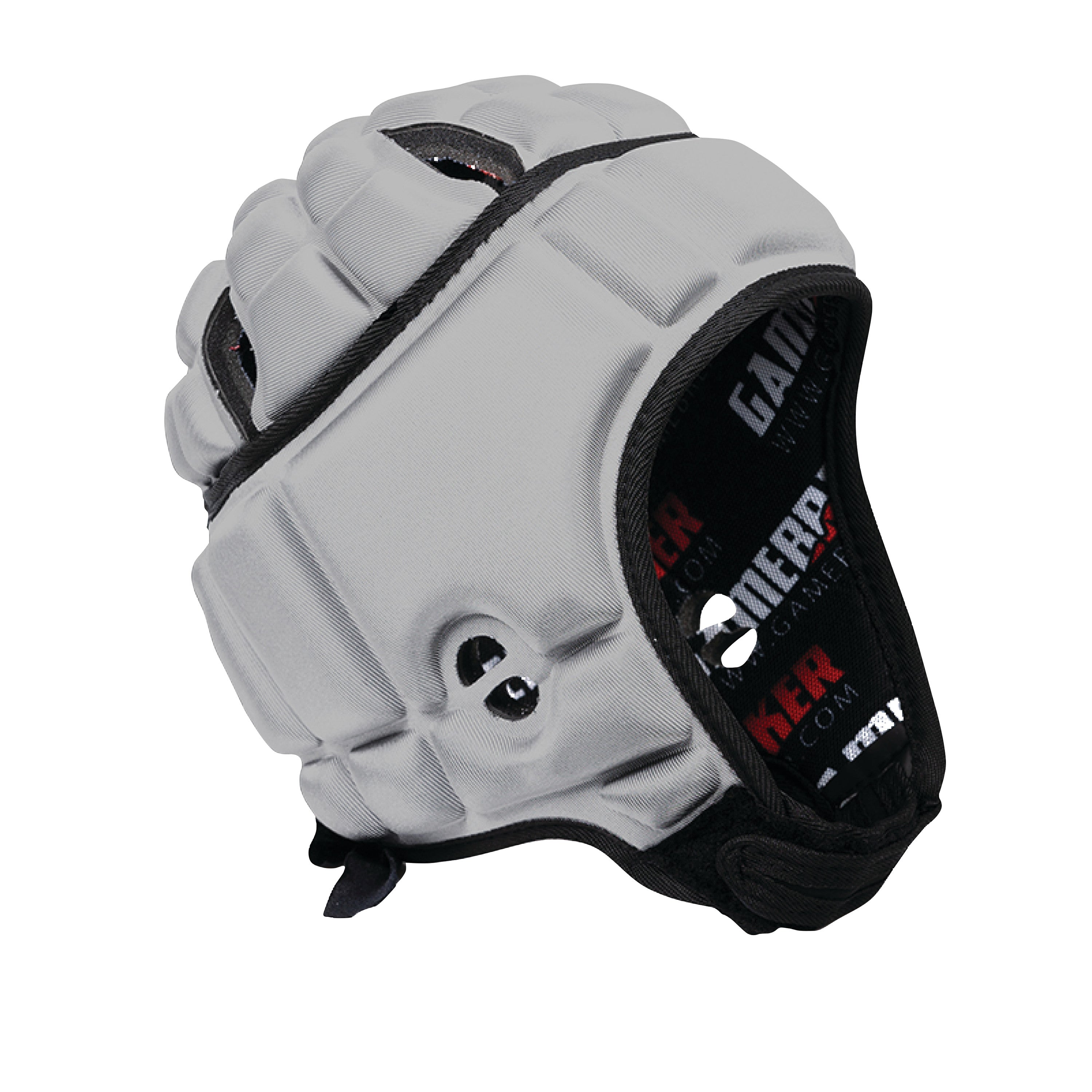 The Gamebreaker Scrum Cap Headgear is a padded, protective helmet with gray panels and black trim for sports safety.