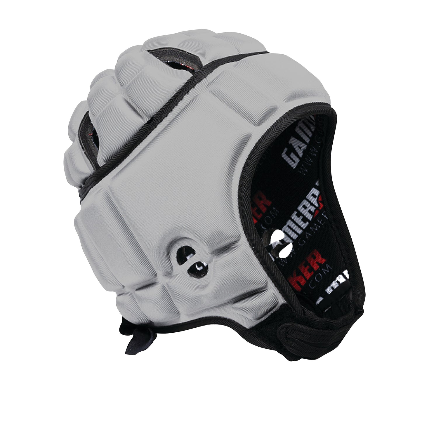 The Gamebreaker Scrum Cap Headgear is a padded, protective helmet with gray panels and black trim for sports safety.