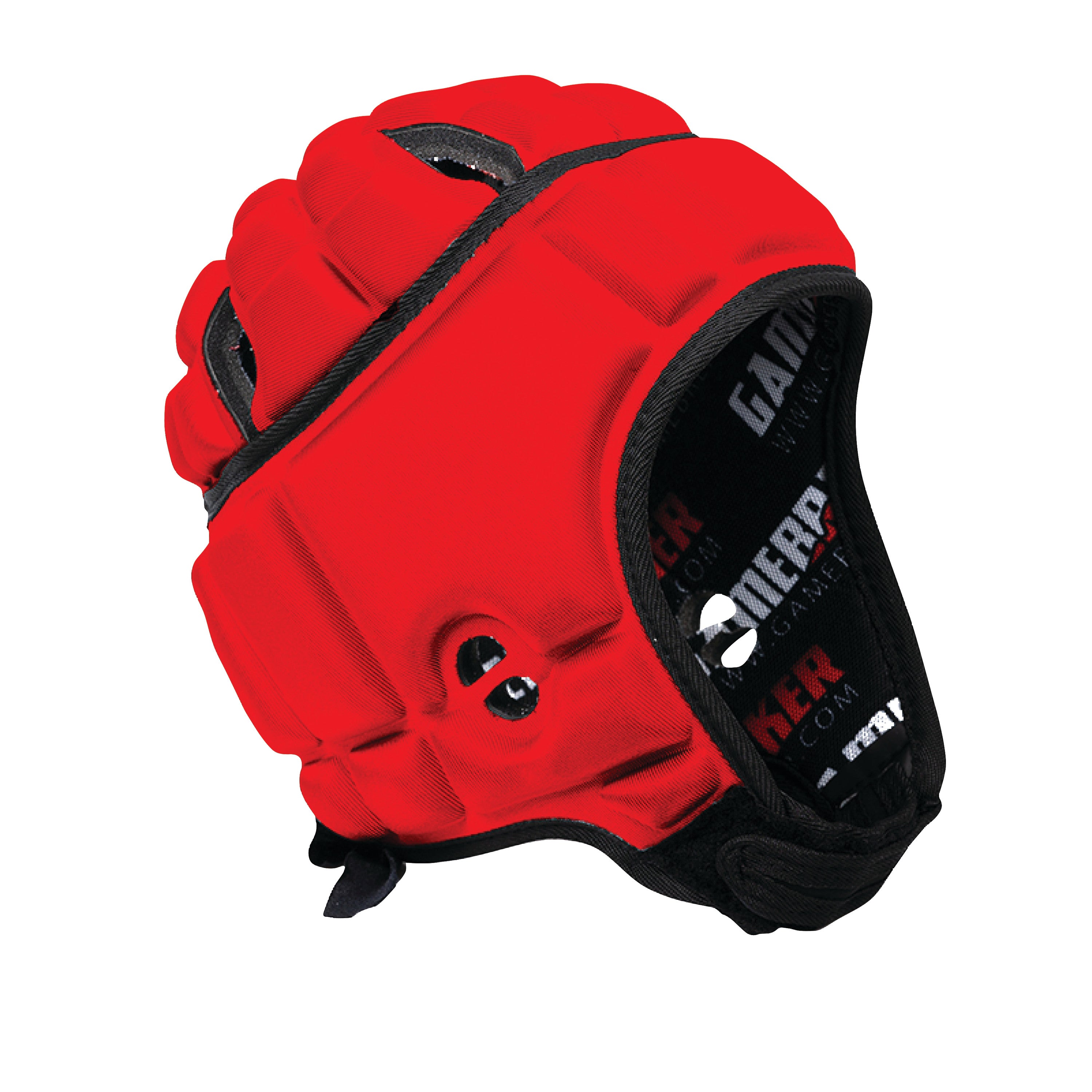 The Gamebreaker Scrum Cap Headgear is shown in bright red with black trim and a padded design for protection.
