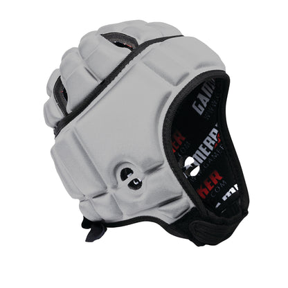 A gray Gamebreaker Scrum Cap Headgear, featuring cushioned padding and an adjustable chin strap for sports protection.