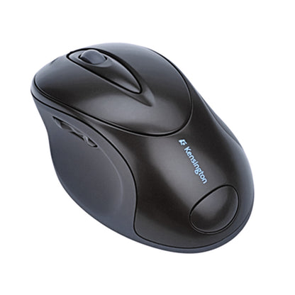A black Kensington Pro Fit Wireless Mouse with ergonomic design, side buttons, and a scroll wheel is shown from an angled top view.