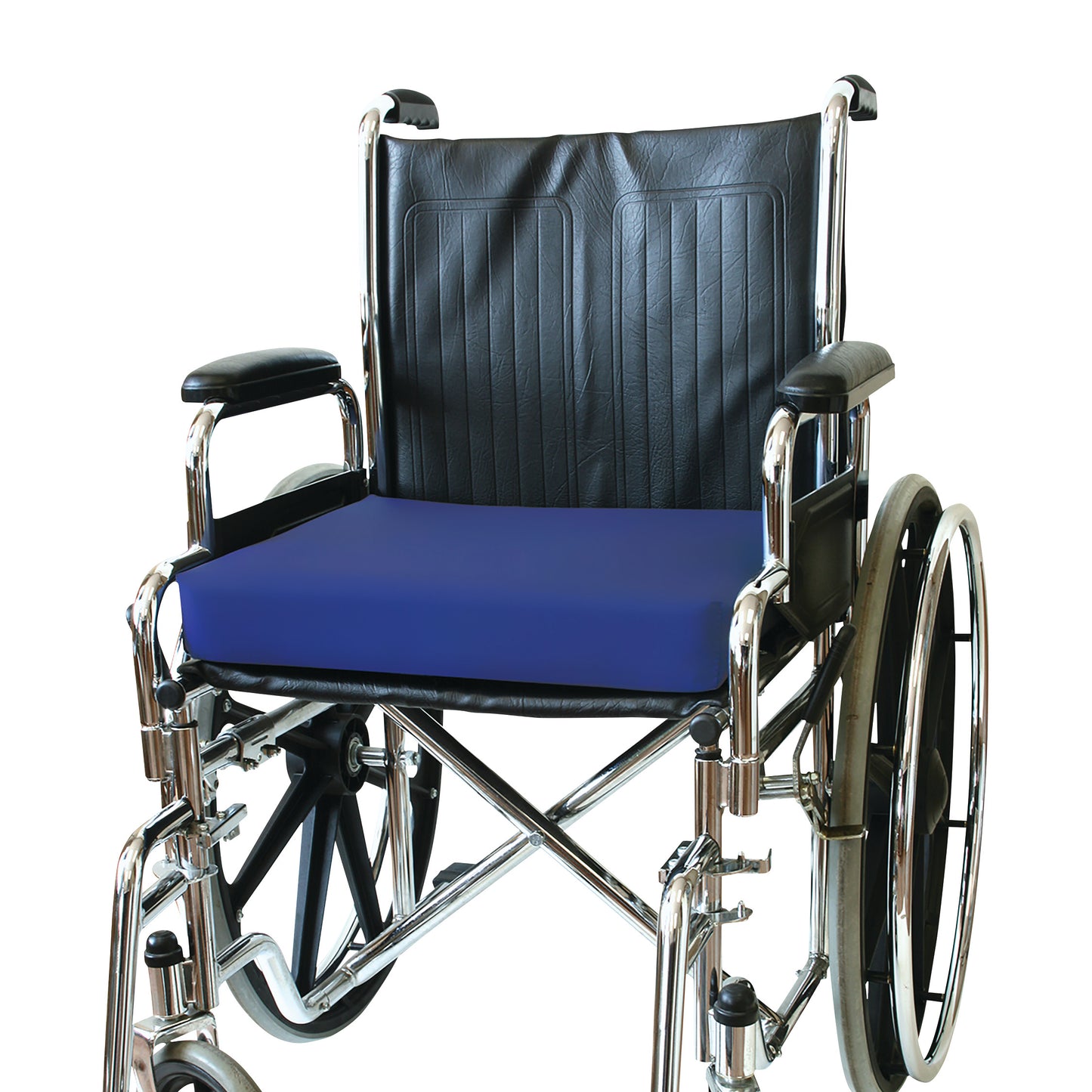 A wheelchair features a wWheelchair Cushion in blue, offering comfort and support with a sleek black leatherette backrest.
