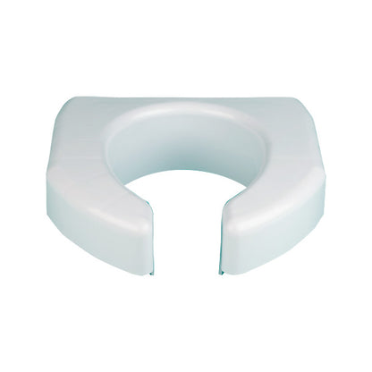 The Basic Open Front Elevated Toilet Seat is white, U-shaped, and designed to provide added height and comfort.