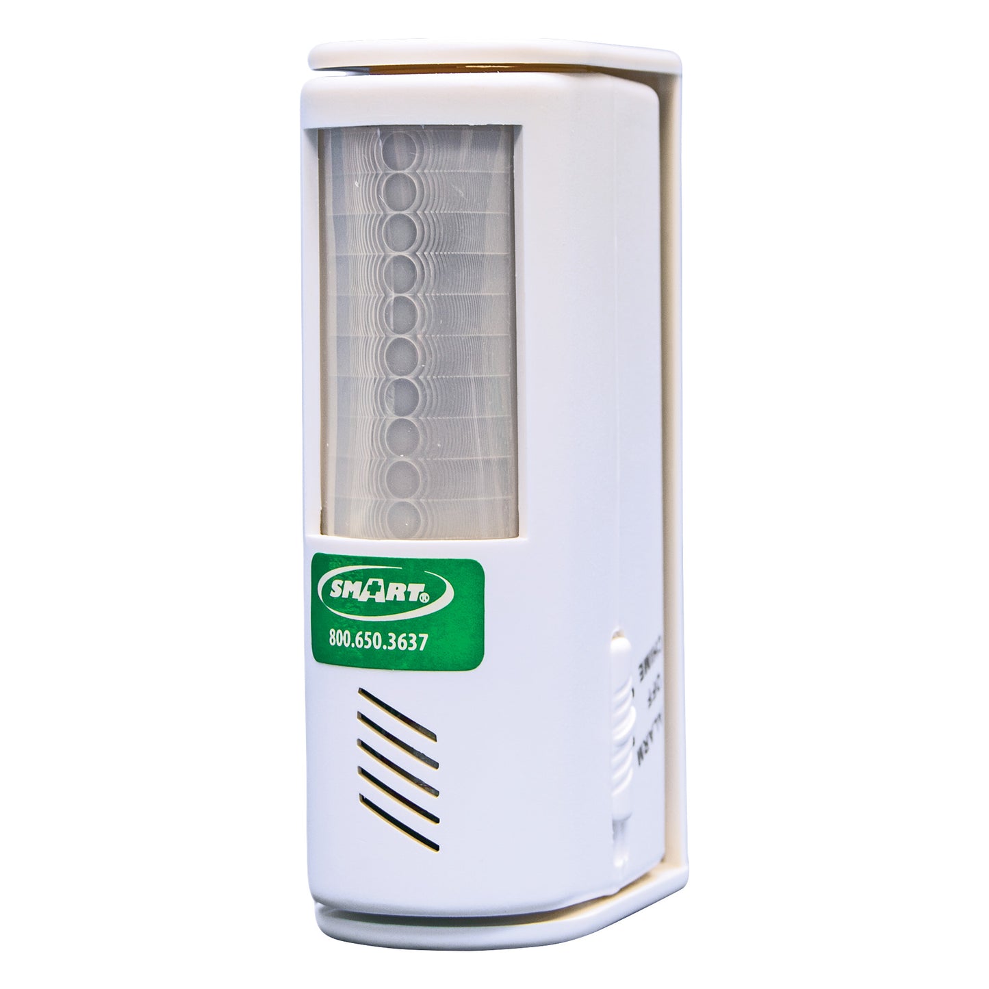 Smart Caregiver Motion Sensor Alarm, a white rectangular device with a mesh front and green label, used for monitoring movement.