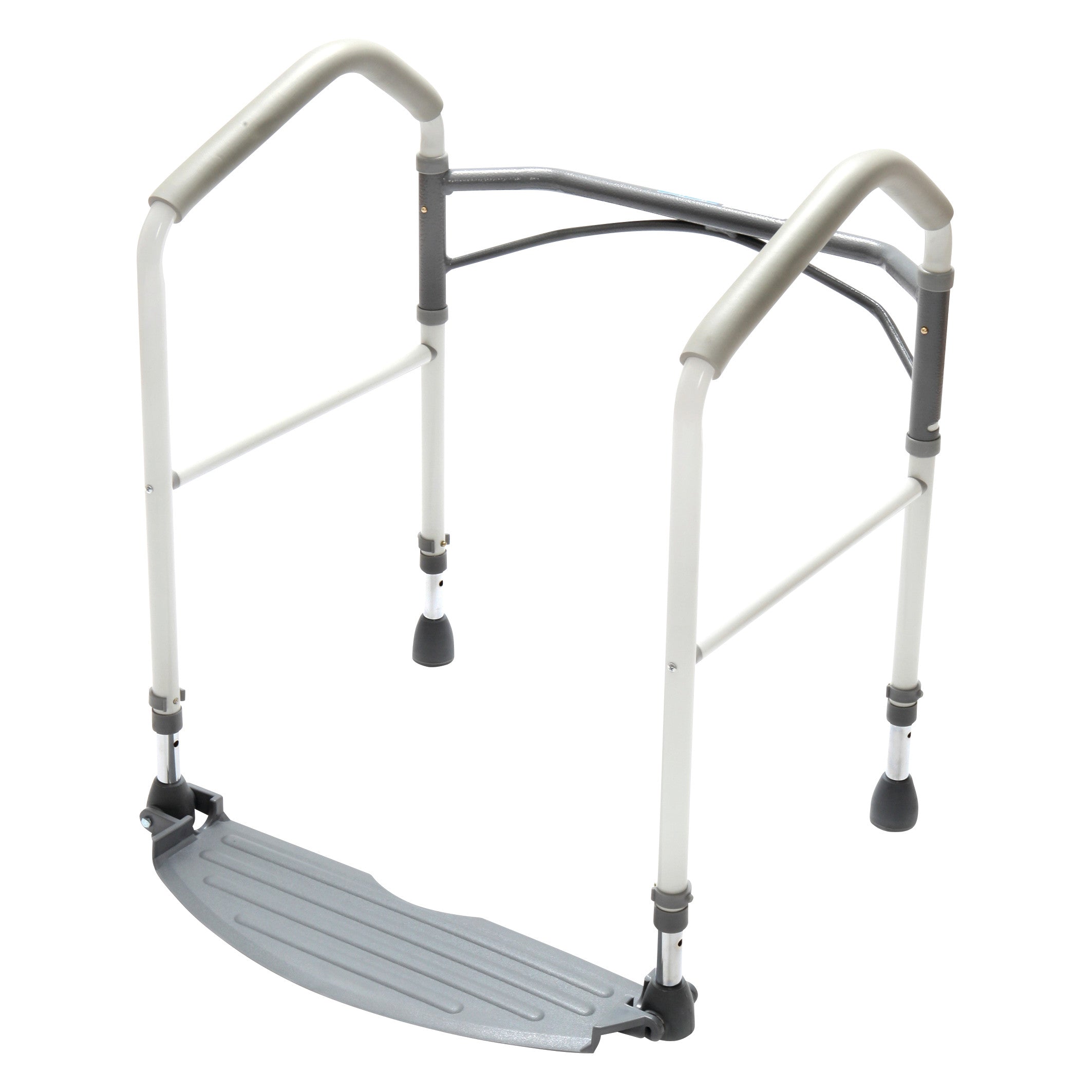 Buckingham Foldeasy Portable Toilet Safety Frame with padded handles and stabilizing footplate, designed for bathroom safety.