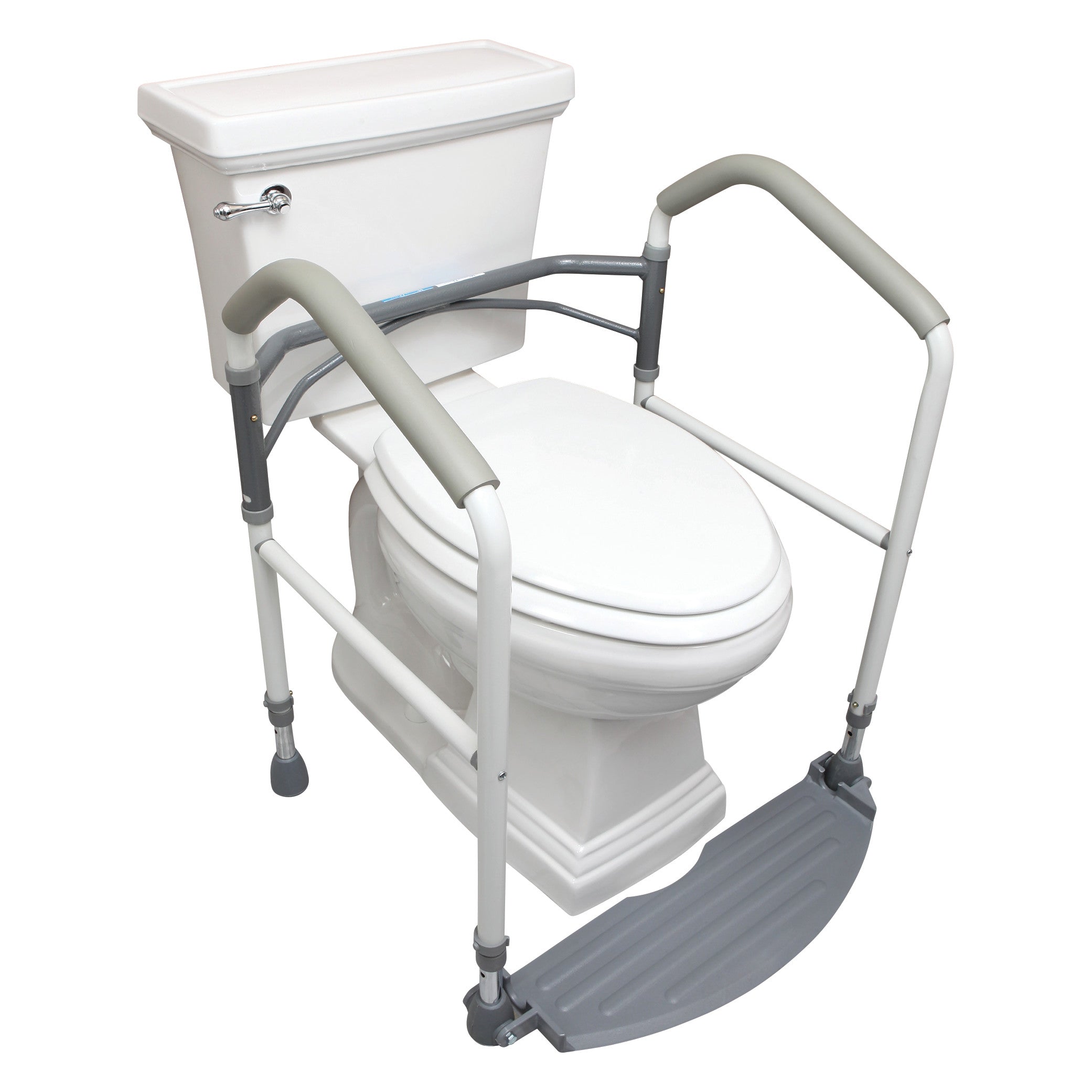 Buckingham Foldeasy Portable Toilet Safety Frame on a standard toilet, featuring arm supports and a foldable step for stability.