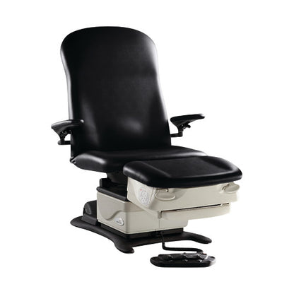 The image features a black Midmark Nonprogrammable Podiatry Procedure Chair, Model 647, with armrests and a foot pedal control.