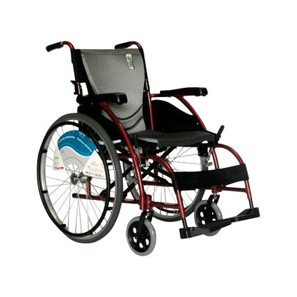 Karman Ultra-Lightweight Series 105 Ergonomic Wheelchair with red frame, black seat, armrests, and a footrest, on a white background.
