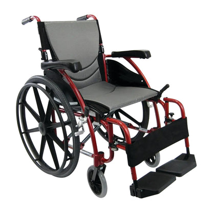 The Karman S-Ergonomic Series 115 Ultra-Lightweight/Compact Wheelchair has a red frame, gray seat, and large rear wheels.