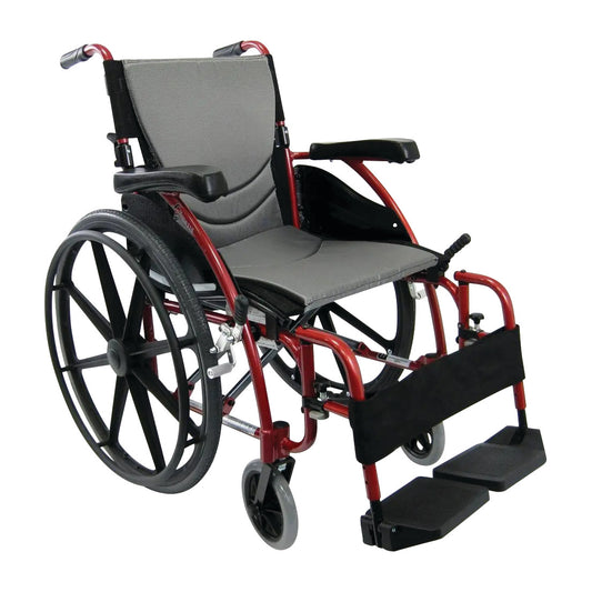 Karman S-Ergonomic Series 115 Ultra-Lightweight/Compact Wheelchair in red with a gray seat, large rear wheels, and footrests.