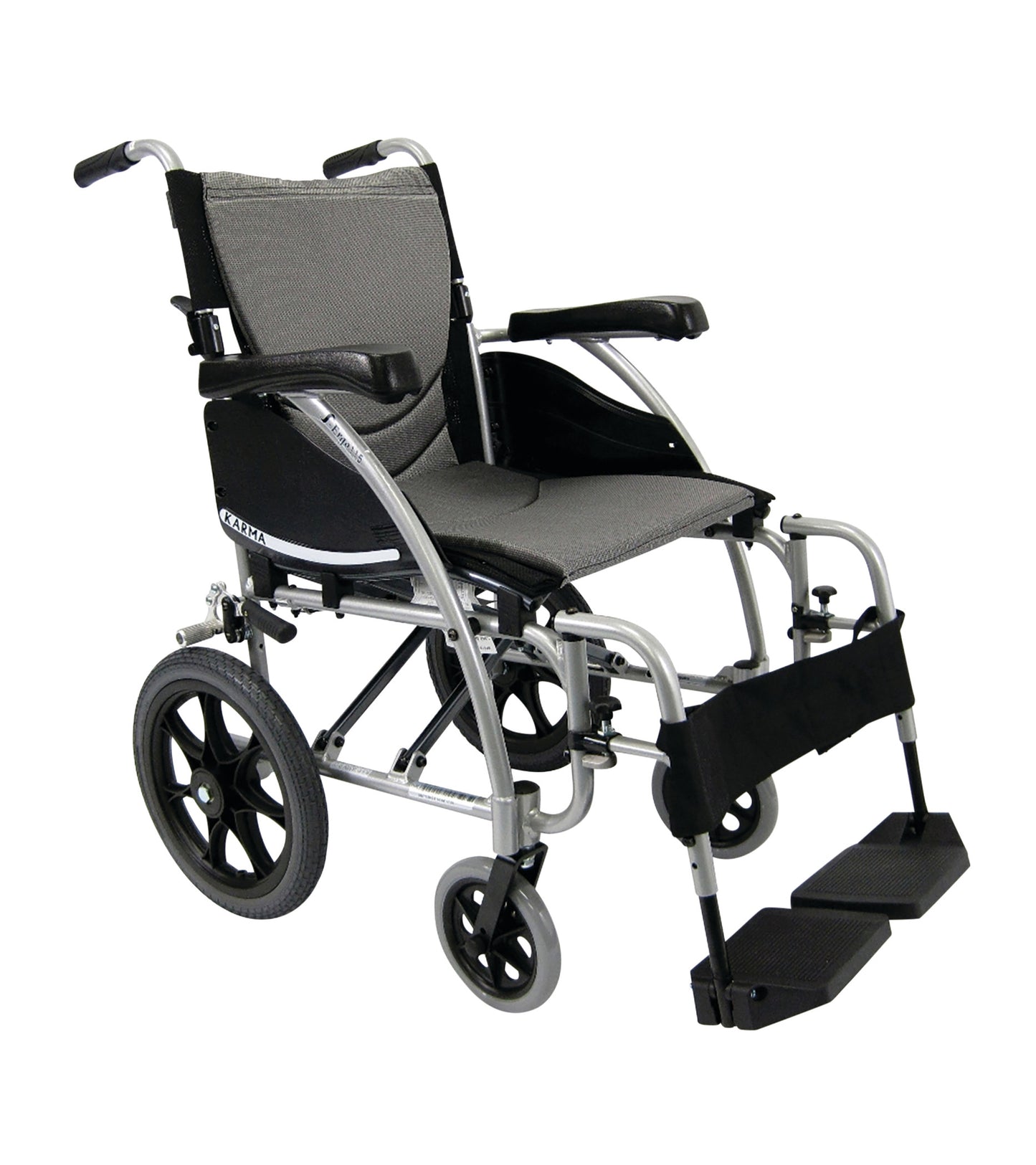 Karman S-ERGO 115 Transport Wheelchair in silver and black, featuring large rear wheels, padded armrests, and footrests.