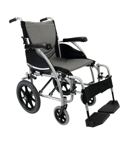 Karman S-ERGO 115 Transport Wheelchair in silver and black, featuring large rear wheels, padded armrests, and footrests.