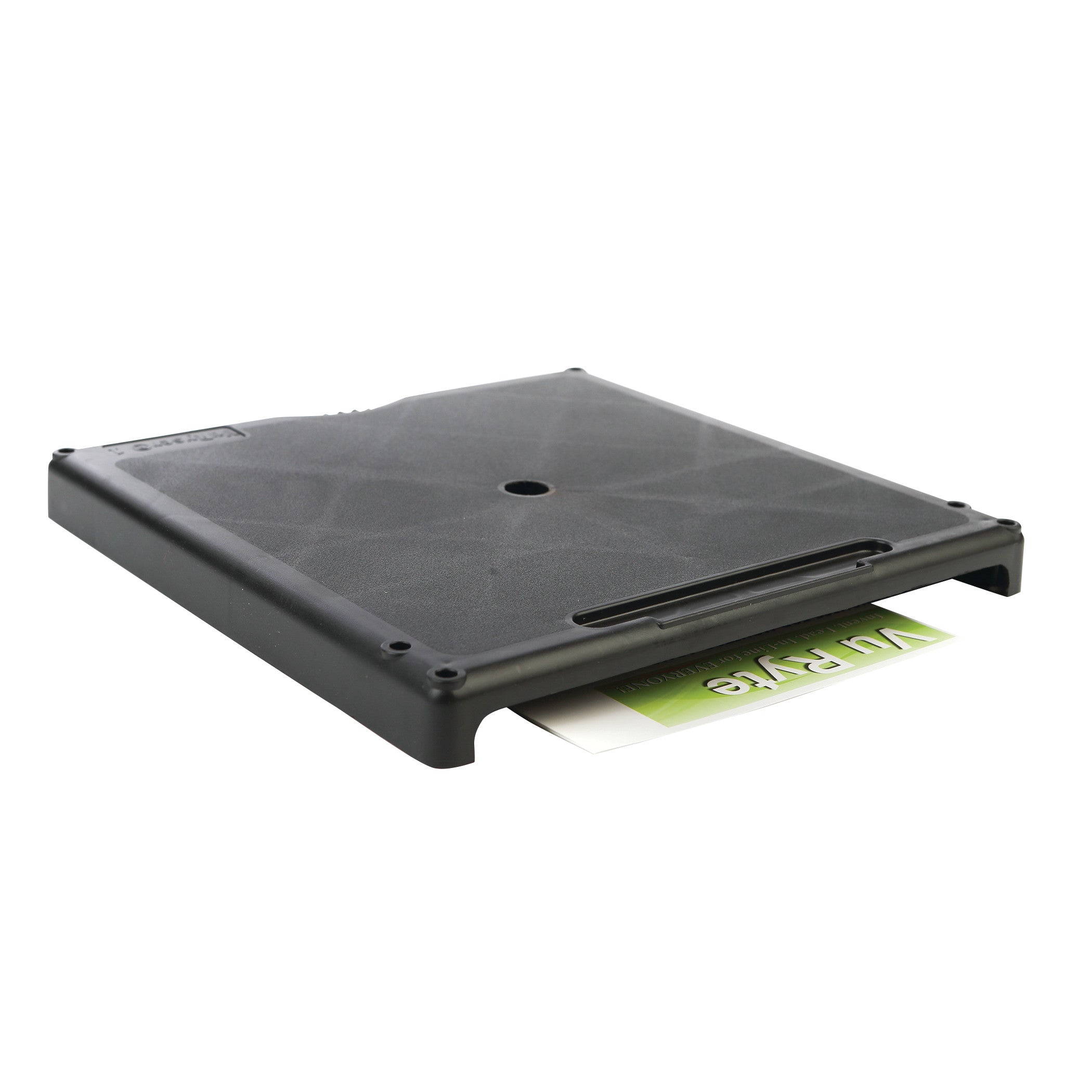 A VuRyser1 Monitor Riser in black with a slot containing a partially visible green and white card underneath.