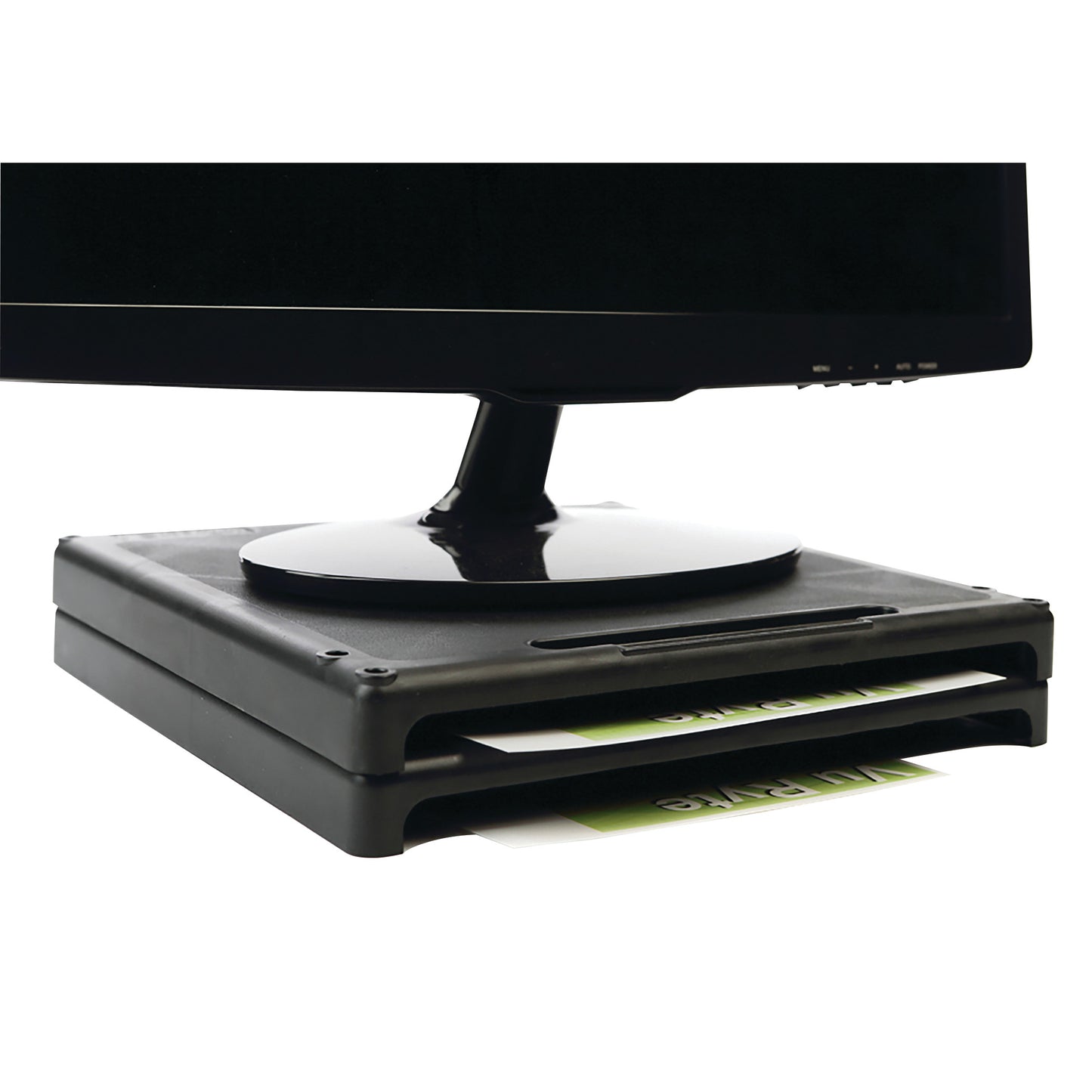 A computer monitor sits on a VuRyser1 Monitor Riser with paper storage space underneath.