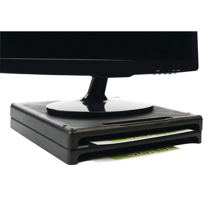 A computer monitor sits on a VuRyser1 Monitor Riser with paper storage space underneath.