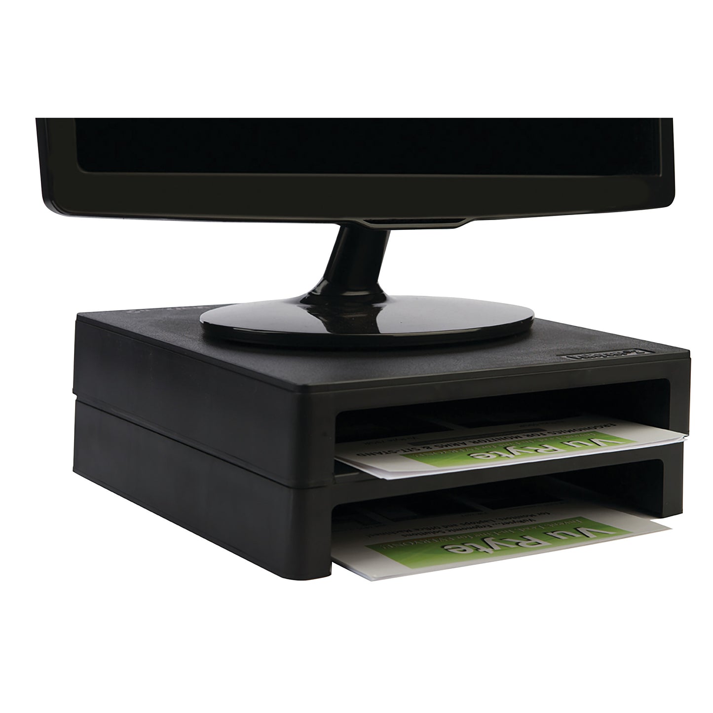 A black VuRyser 2 Monitor Riser elevates a monitor, with two storage slots holding paper.