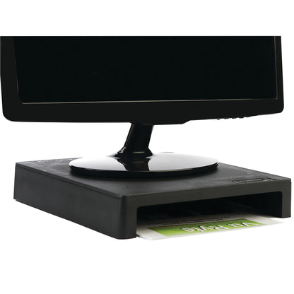 VuRyser 2 Monitor Riser elevates a computer monitor with space underneath for storing documents or small items.