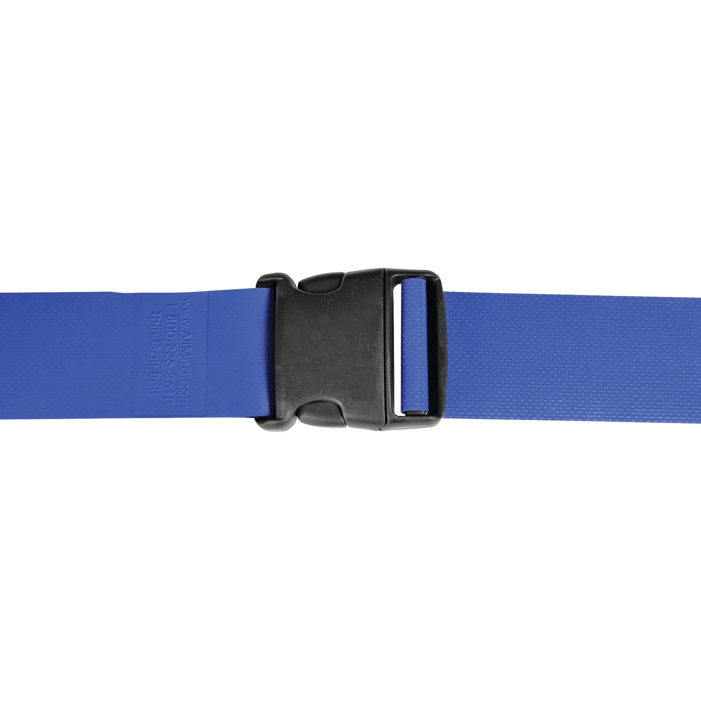 AliMed Thin Wipeable Gait Belt in blue with a black plastic side-release buckle, designed for mobility and support assistance.