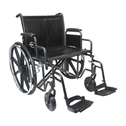 The Karman Bariatric Wheelchair is black with a heavy-duty frame, large rear wheels, and adjustable footrests, designed for comfort.