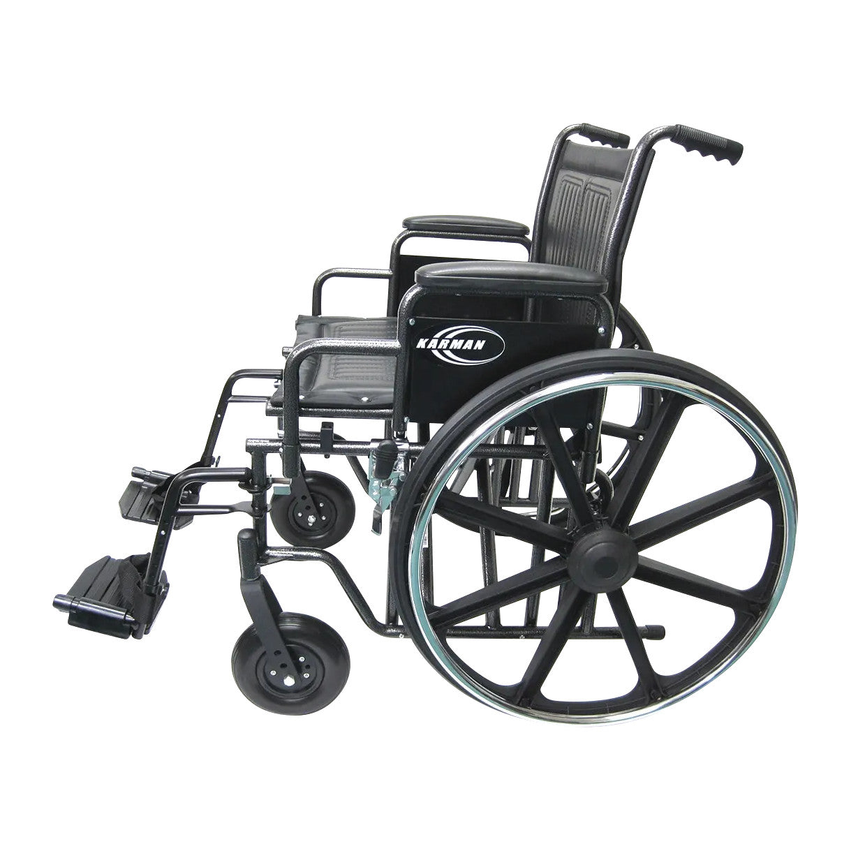 Side view of a Karman Bariatric Wheelchair, featuring large rear wheels, smaller front wheels, armrests, and a footrest.