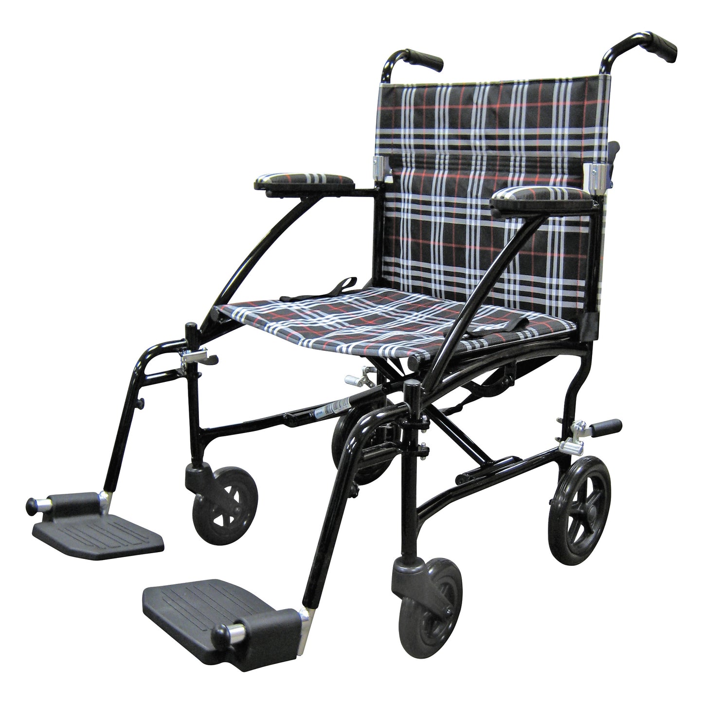 The Drive Medical Fly-Lite Aluminum Transport Chair features a plaid seat and backrest, with footrests and four wheels for mobility.