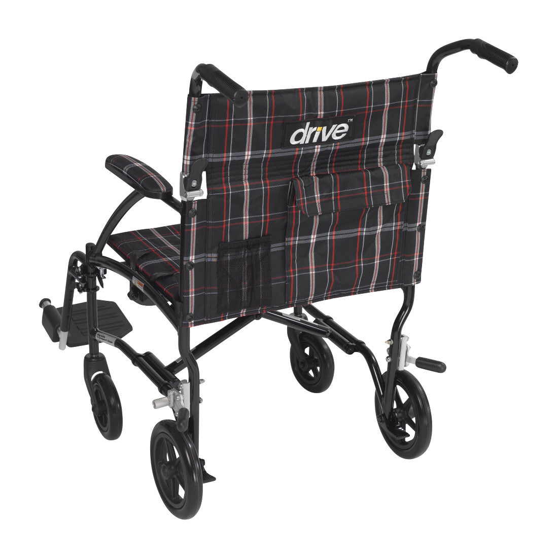 The Drive Medical Fly-Lite  Chair features a plaid design, lightweight frame, and four small wheels for easy transport.