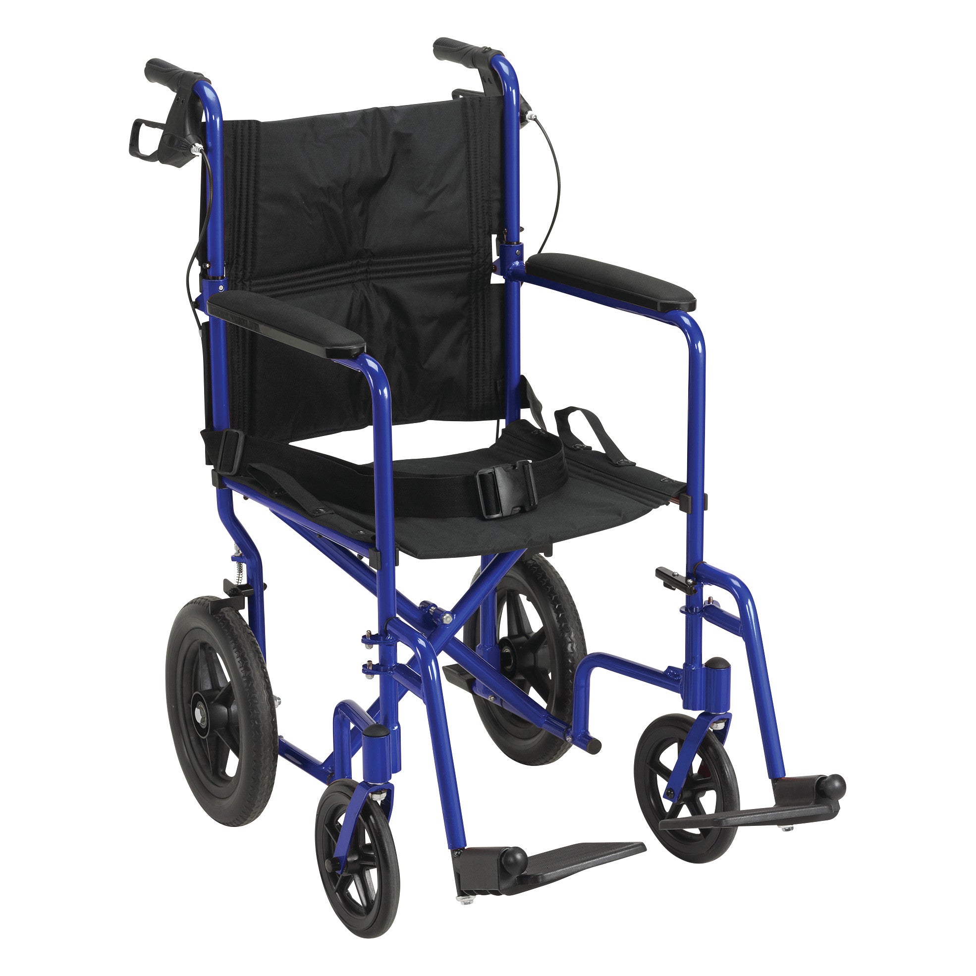 Drive Medical Expedition Transport Chair with Loop Lock; blue frame, black seat, large rear wheels, and footrests.