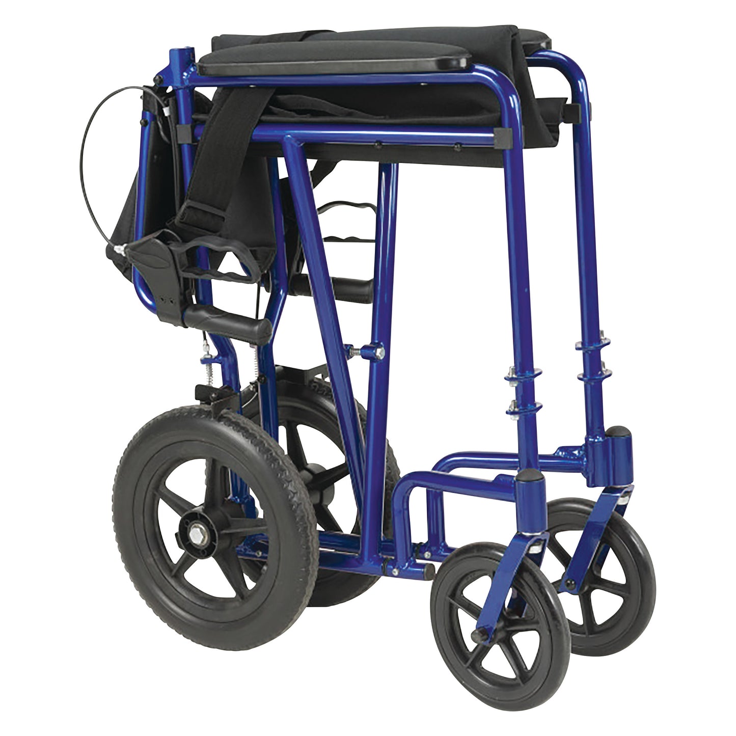 A folded Drive Medical Expedition Transport Chair with Loop Lock, featuring a blue frame, large rear wheels, and smaller front wheels.