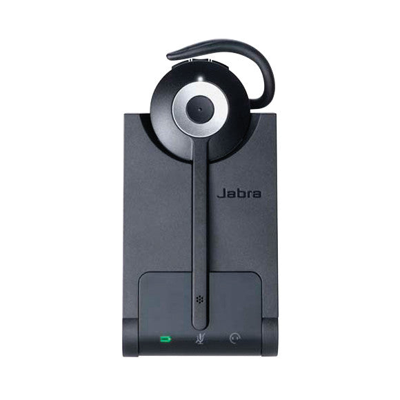 Jabra Pro 920 Wireless Headset on a charging base, featuring a sleek black design with an ear hook and green indicator lights.